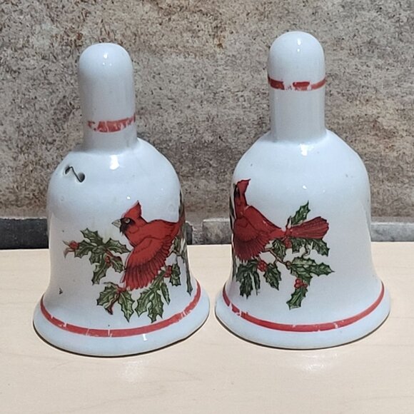 Vintage Pair Porcelain Bells Hand Painted Red Cardinal Bird on Branch Holly and - Picture 7 of 9